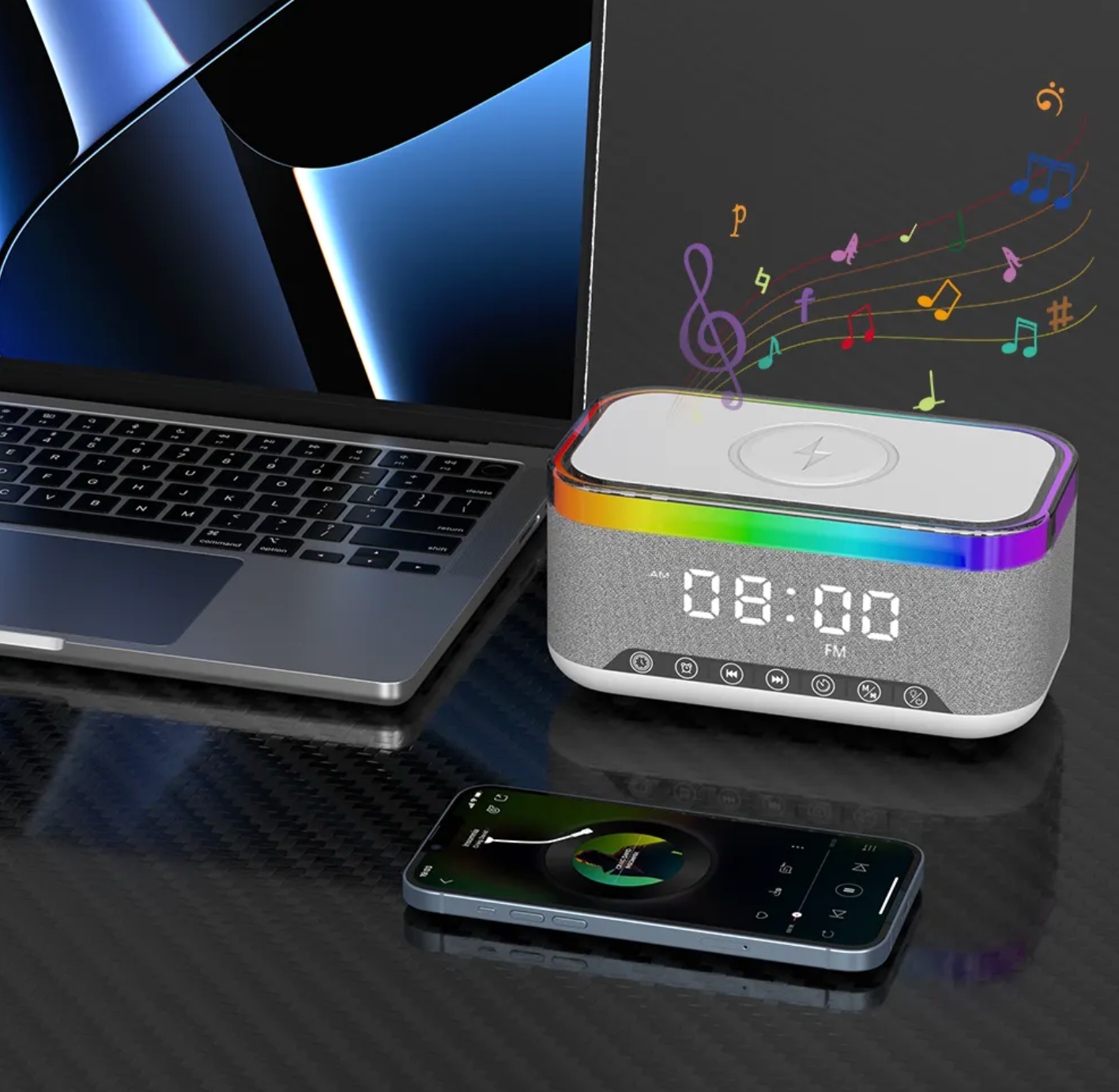 Wireless Charging Alarm Clock with Colorful LED Display